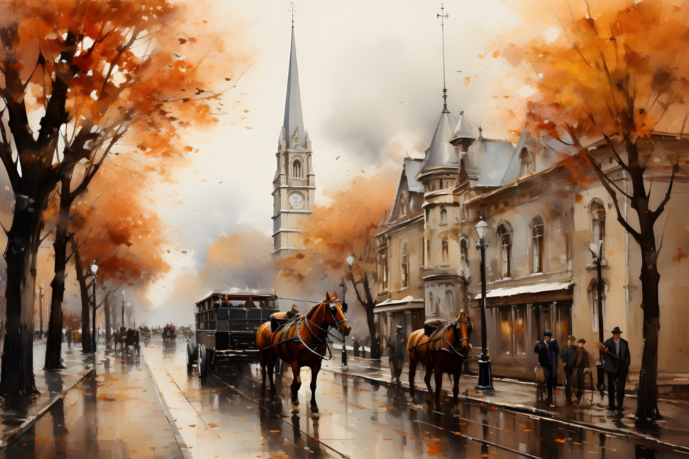 Autumn on the Boulevard featuring horse-drawn carriages travelling along a rain-soaked historic city street surrounded by vibrant autumn trees, printed on a premium CanvasTex™ textured aluminium art panel.