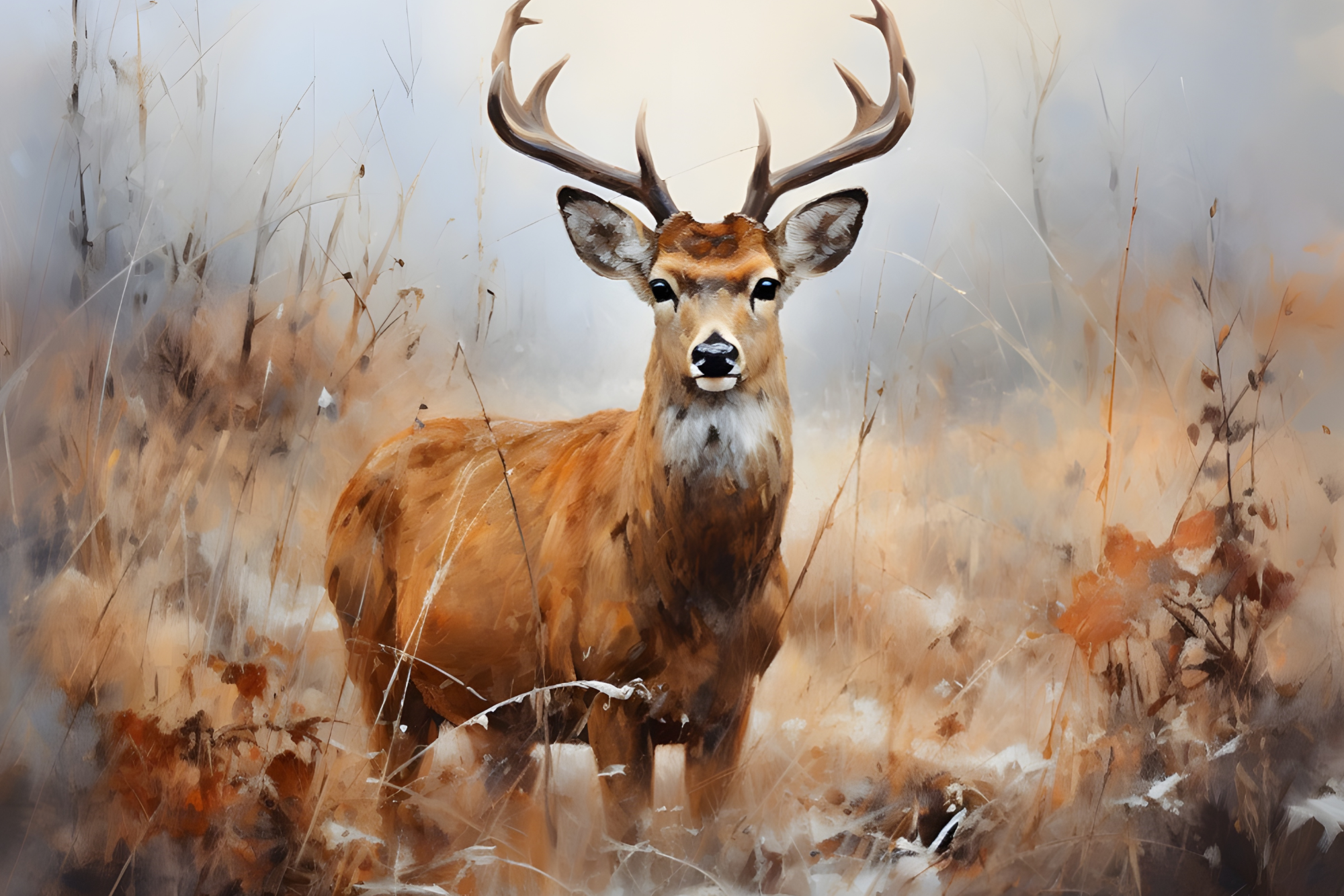 Abstract stag standing among soft autumn-toned grasses, reproduced as a premium CanvasTex™ textured aluminium art panel by JBM Displays.