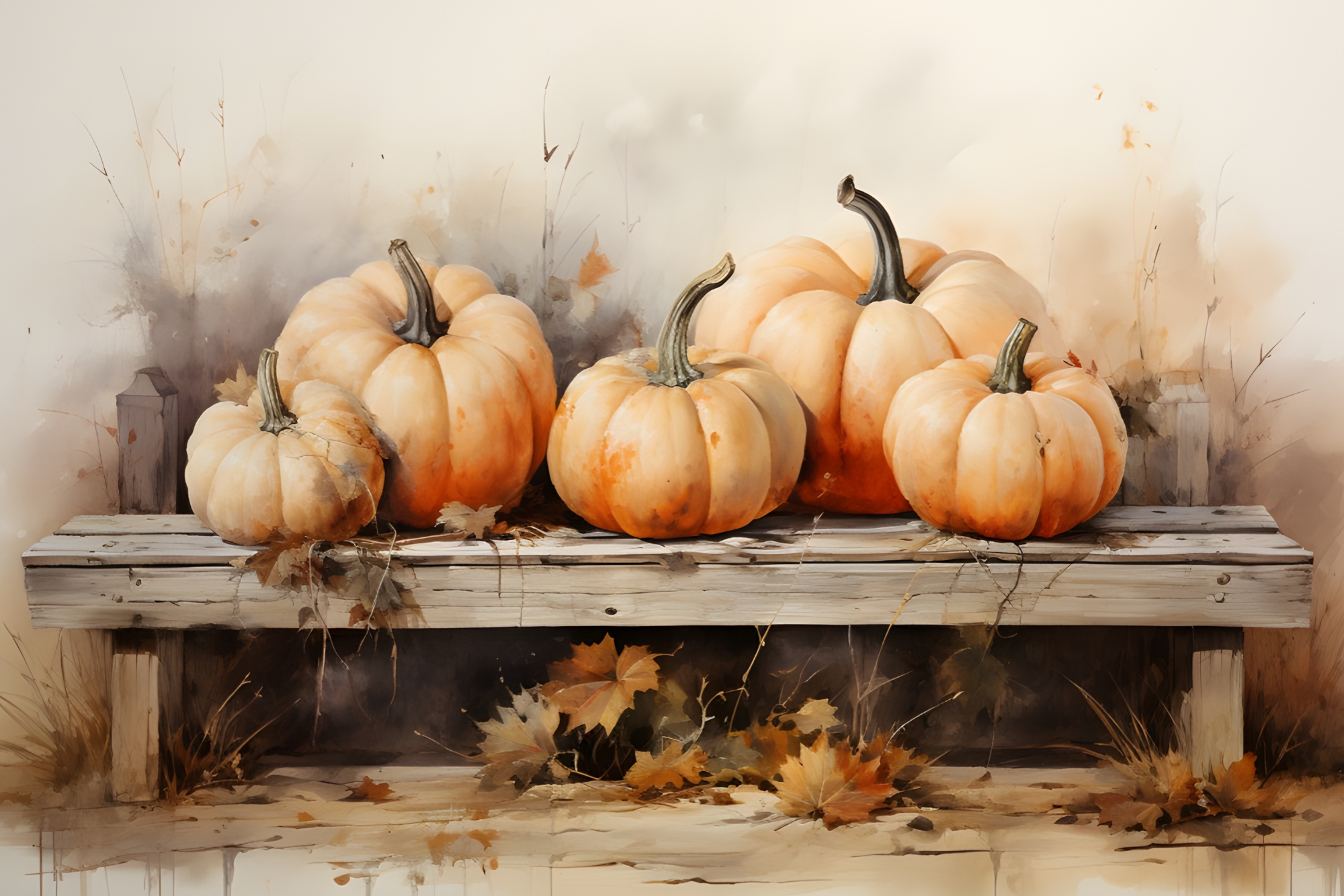 Harvest Pumpkins featuring a collection of pumpkins displayed on a rustic wooden bench, professionally printed on a premium CanvasTex™ textured aluminium art panel.