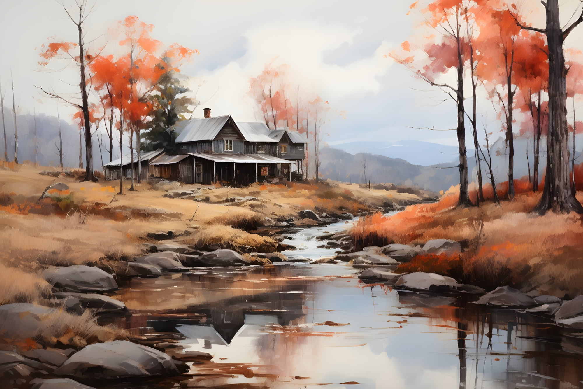House By The Stream by Botros Zaki, showing a rustic country house beside a winding stream surrounded by vivid autumn trees, reproduced on a premium CanvasTex™ textured aluminium art panel.