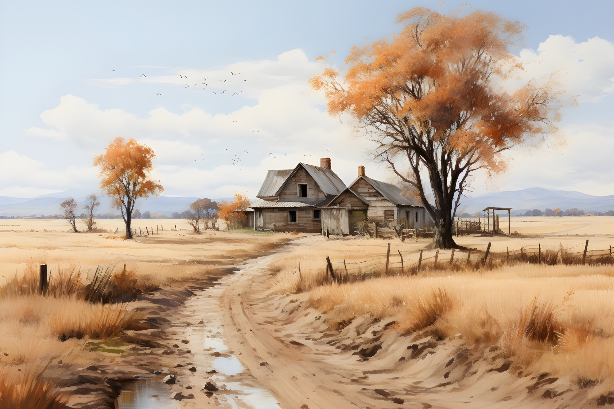 Country Road featuring a rustic farmhouse beside a winding country track surrounded by golden autumn fields, professionally printed on a premium CanvasTex™ textured aluminium art panel.