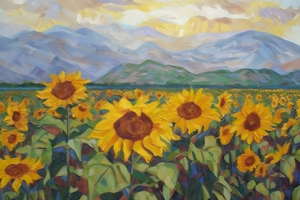 Vibrant Sunflower Field featuring blooming sunflowers set against distant mountain ranges beneath a dramatic sky, professionally printed on a premium CanvasTex™ textured aluminium art panel.
