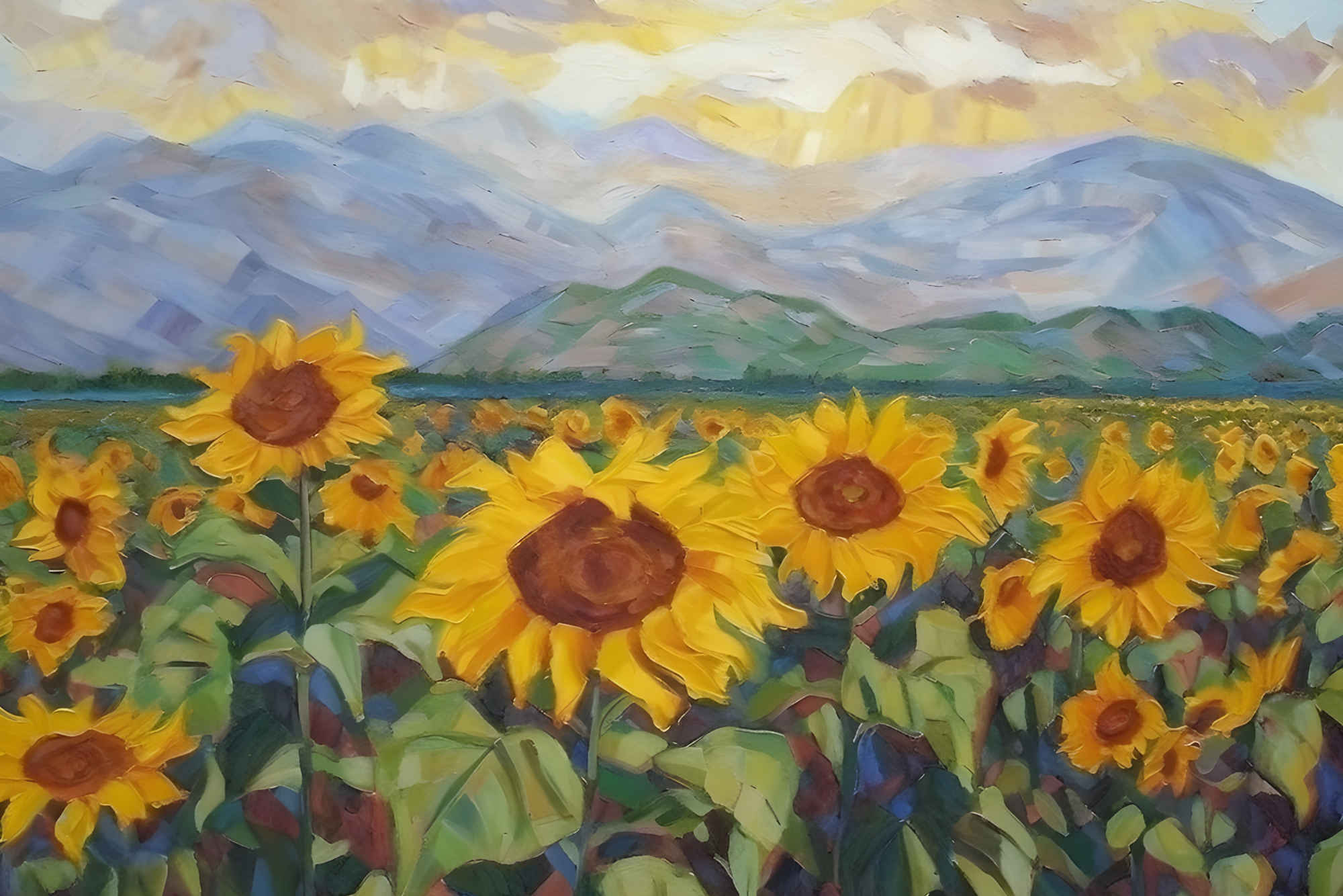 Vibrant Sunflower Field featuring blooming sunflowers set against distant mountain ranges beneath a dramatic sky, professionally printed on a premium CanvasTex™ textured aluminium art panel.