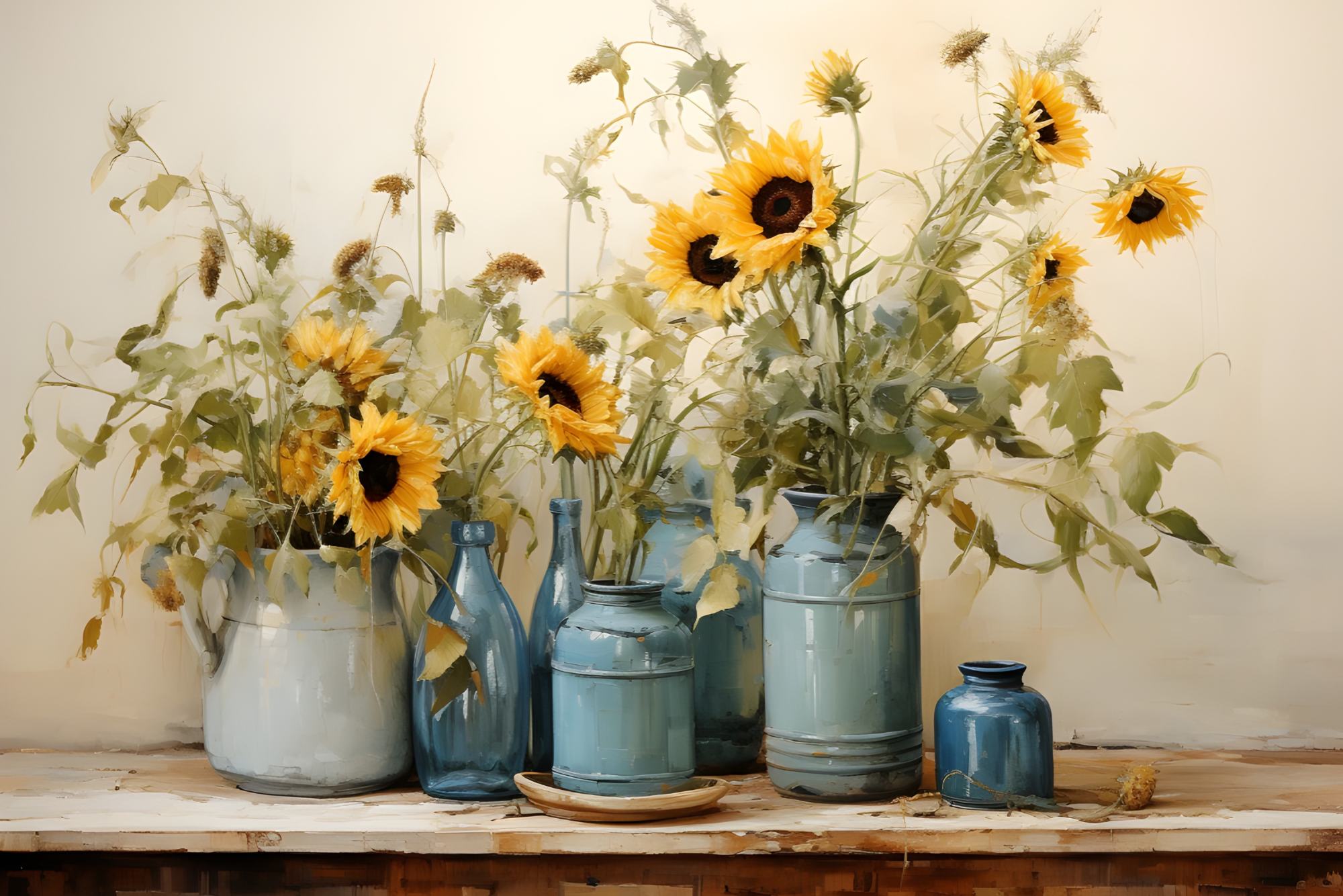 Sunlit Harmony – Sunflowers in Blue Vases featuring a rustic arrangement of sunflowers displayed in blue vintage jars and vases, professionally printed on a premium CanvasTex™ textured aluminium art panel.