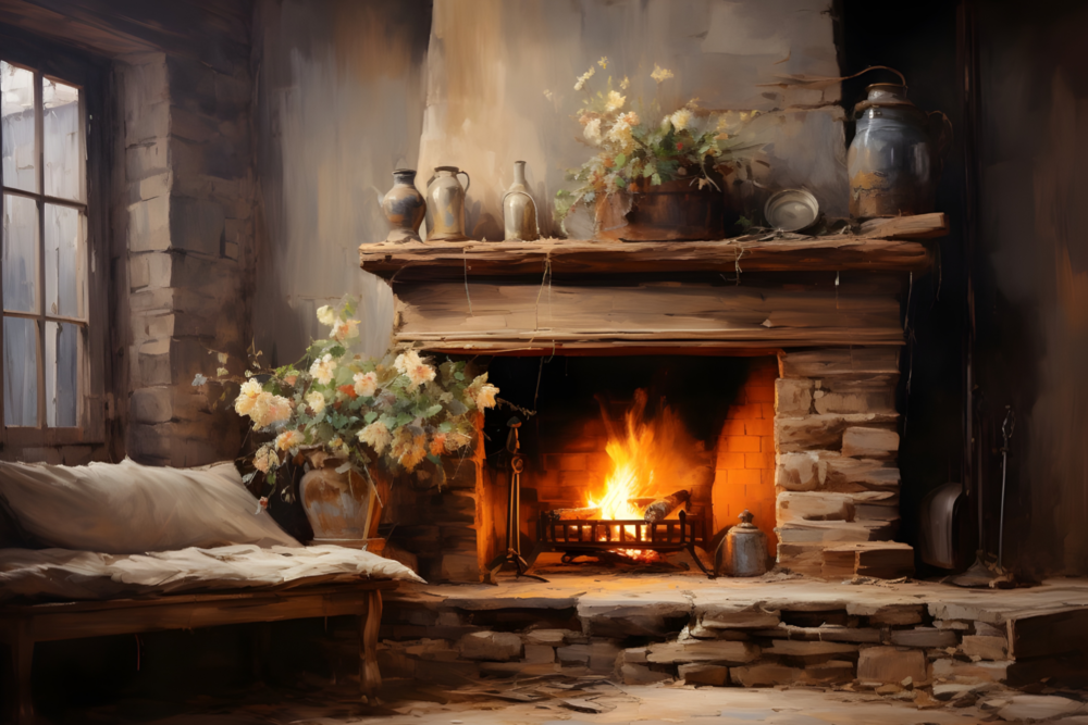 Cozy Hearth featuring a rustic stone fireplace with a glowing fire, wooden mantel, and vintage farmhouse décor, professionally printed on a premium CanvasTex™