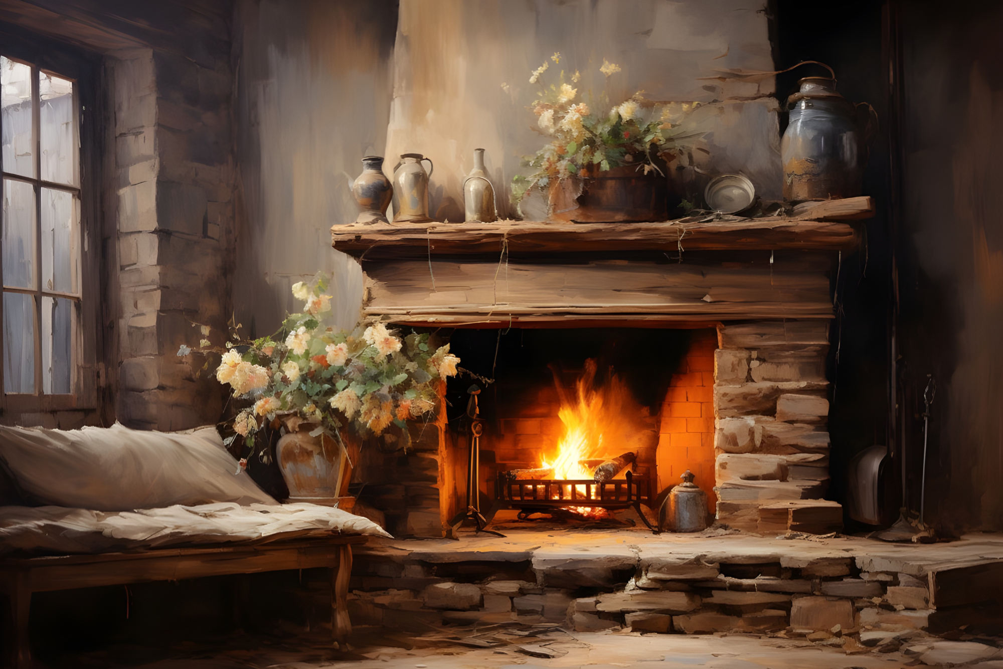 Cozy Hearth featuring a rustic stone fireplace with a glowing fire, wooden mantel, and vintage farmhouse décor, professionally printed on a premium CanvasTex™