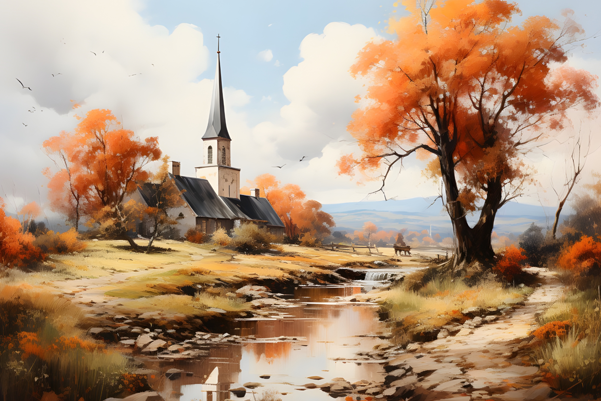 Church By The Stream featuring a peaceful country church beside a winding stream surrounded by vibrant autumn trees, professionally printed on a premium CanvasTex™ textured aluminium art panel.
