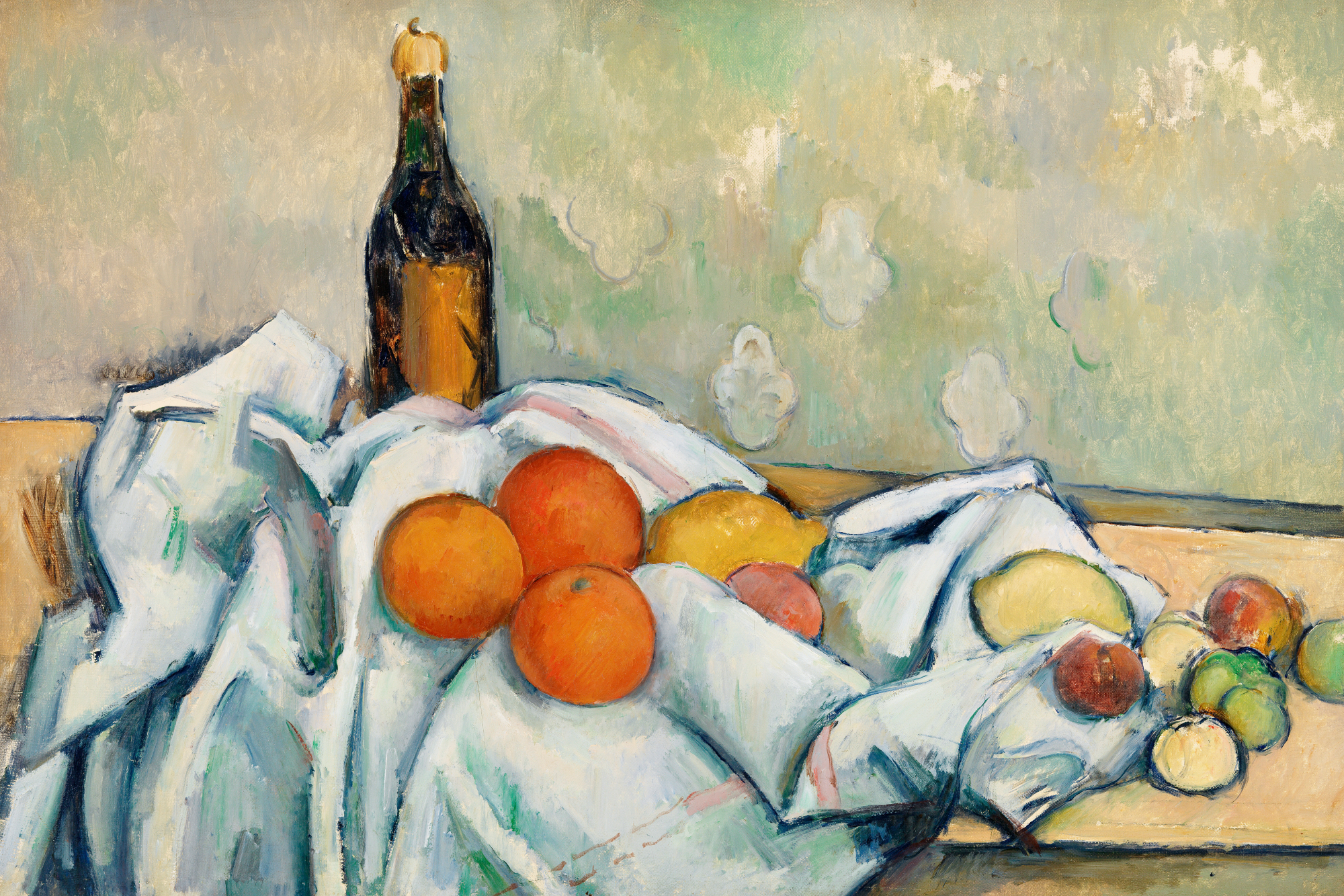 Bottle and Fruits by Paul Cézanne featuring a glass bottle, assorted fruit, and draped cloth arranged in a classic still life composition, professionally printed on a premium CanvasTex™ textured aluminium art panel.