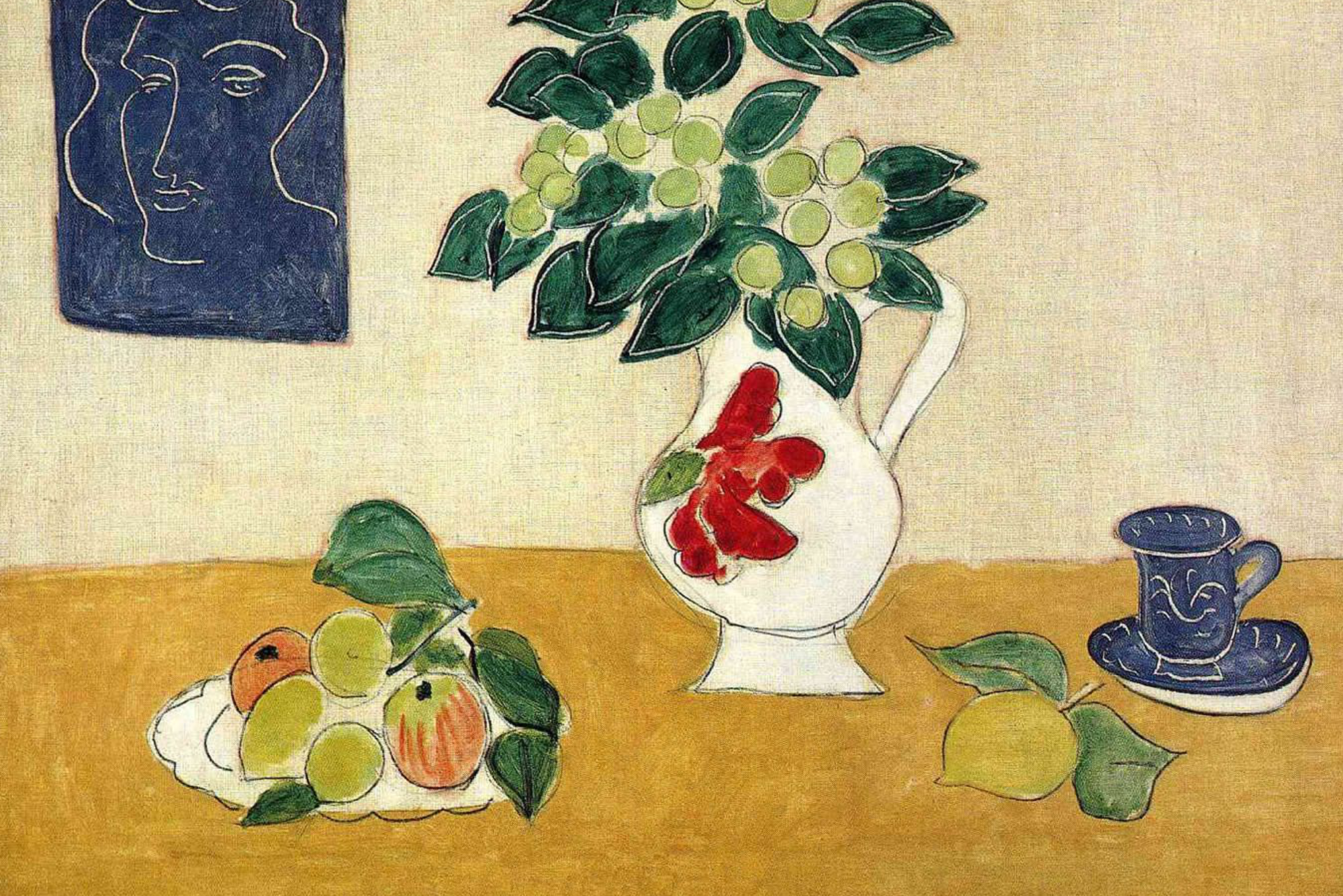 Ivy in Flower by Henri Matisse featuring a white vase with flowering ivy, fruit, and a blue cup arranged in a colourful still life, professionally printed on a premium CanvasTex™ textured aluminium art panel.