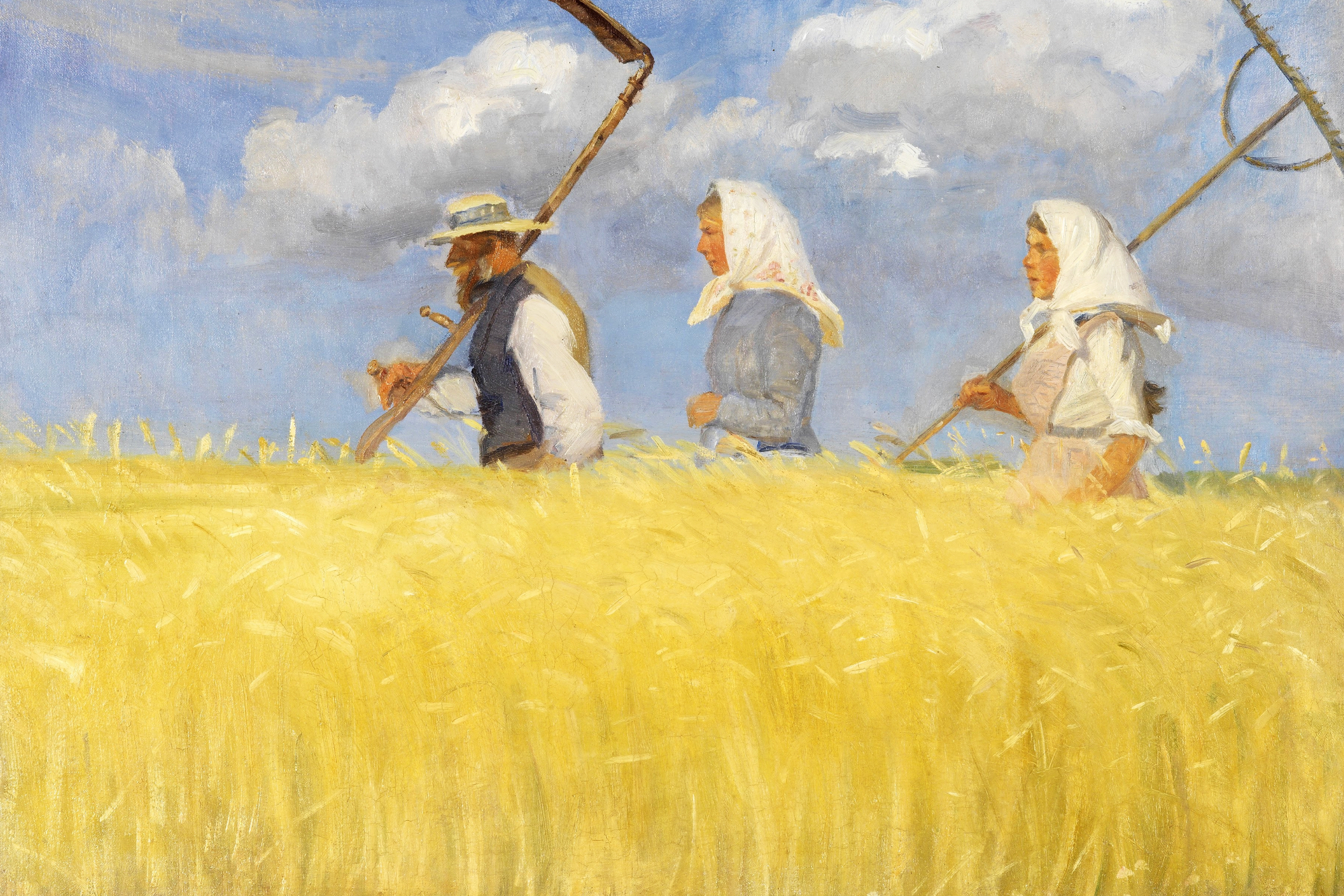 Harvesters by Anna Ancher featuring rural workers walking through a golden grain field carrying traditional harvesting tools, professionally printed on a premium CanvasTex™ textured aluminium art panel.
