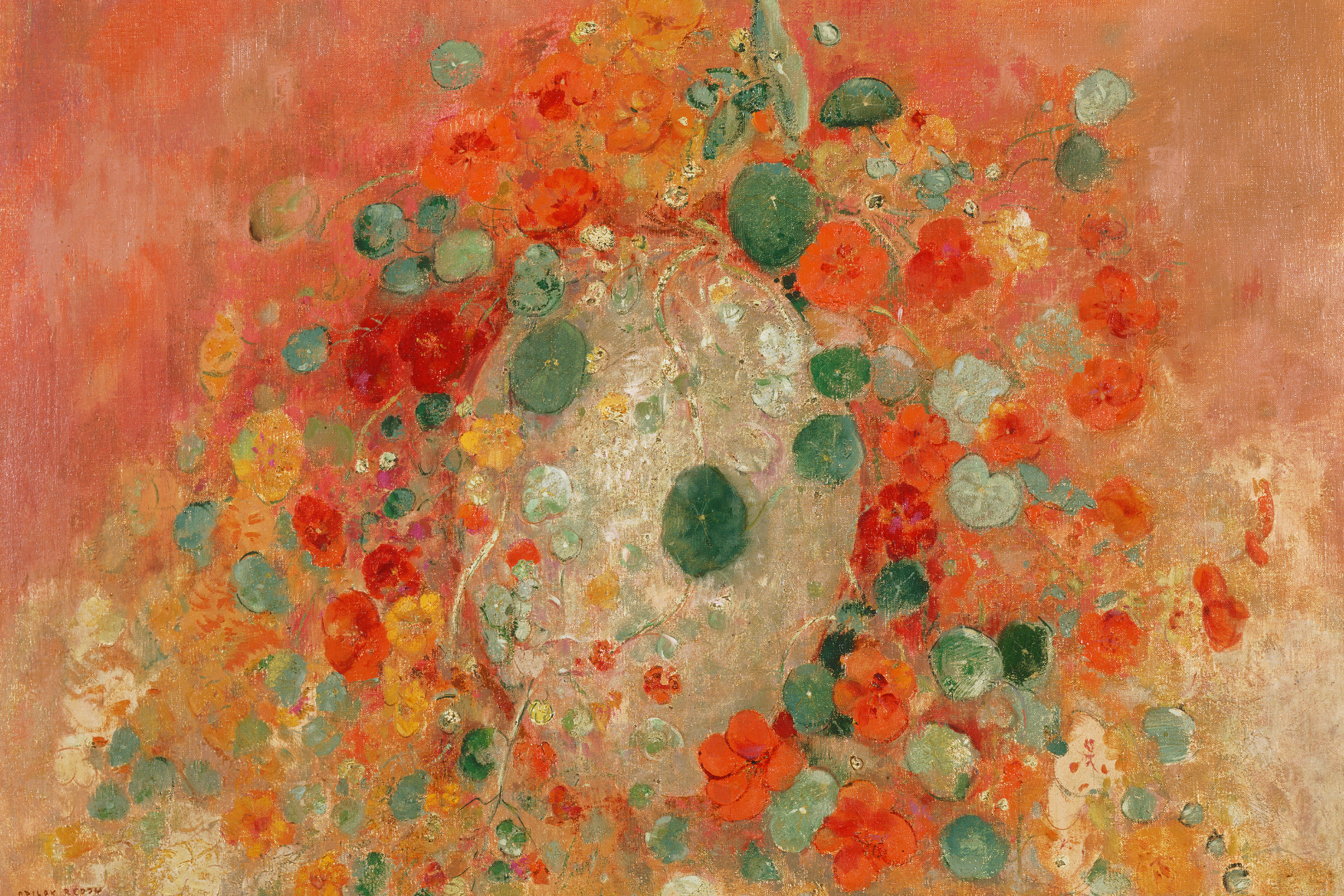 Nasturtiums by Odilon Redon featuring vibrant orange and red flowers arranged in a decorative vase, professionally printed on a premium CanvasTex™ textured aluminium art panel.