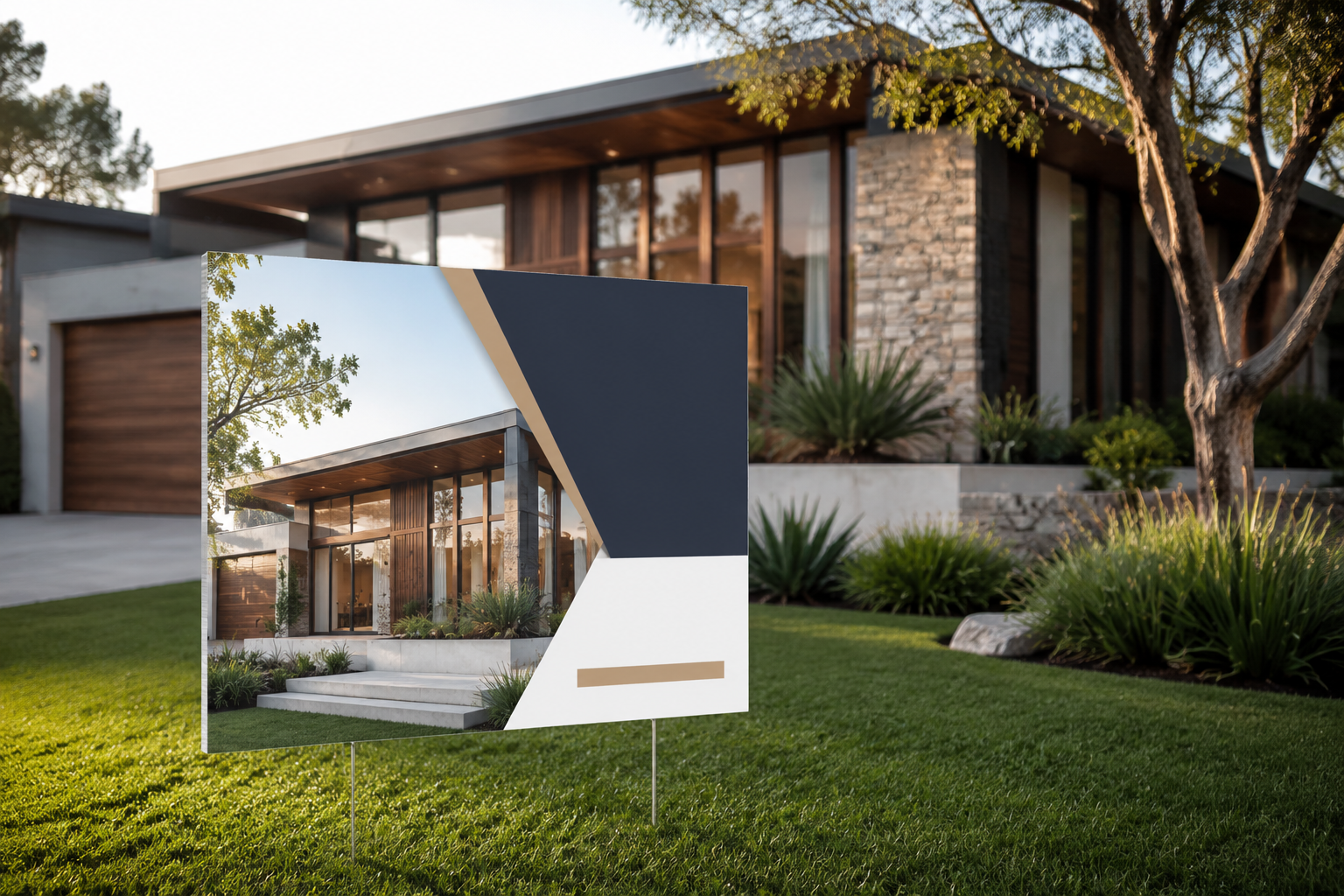 UV printed Corflute property sign installed on stakes outside a contemporary home