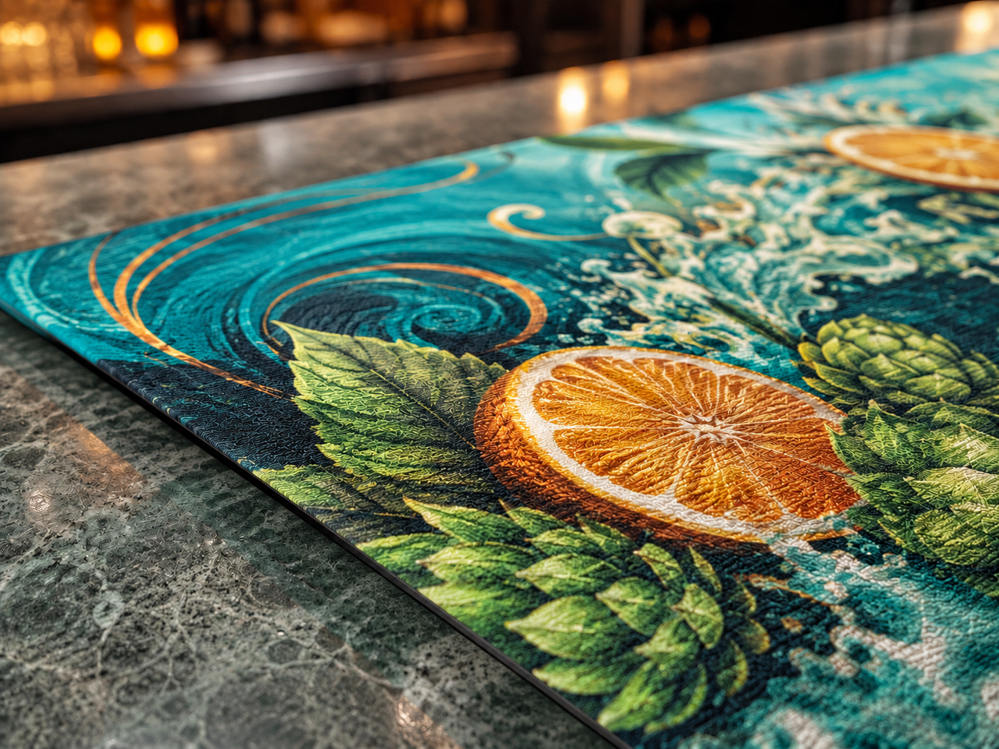Custom printed bar mat showing its black rubber edge
