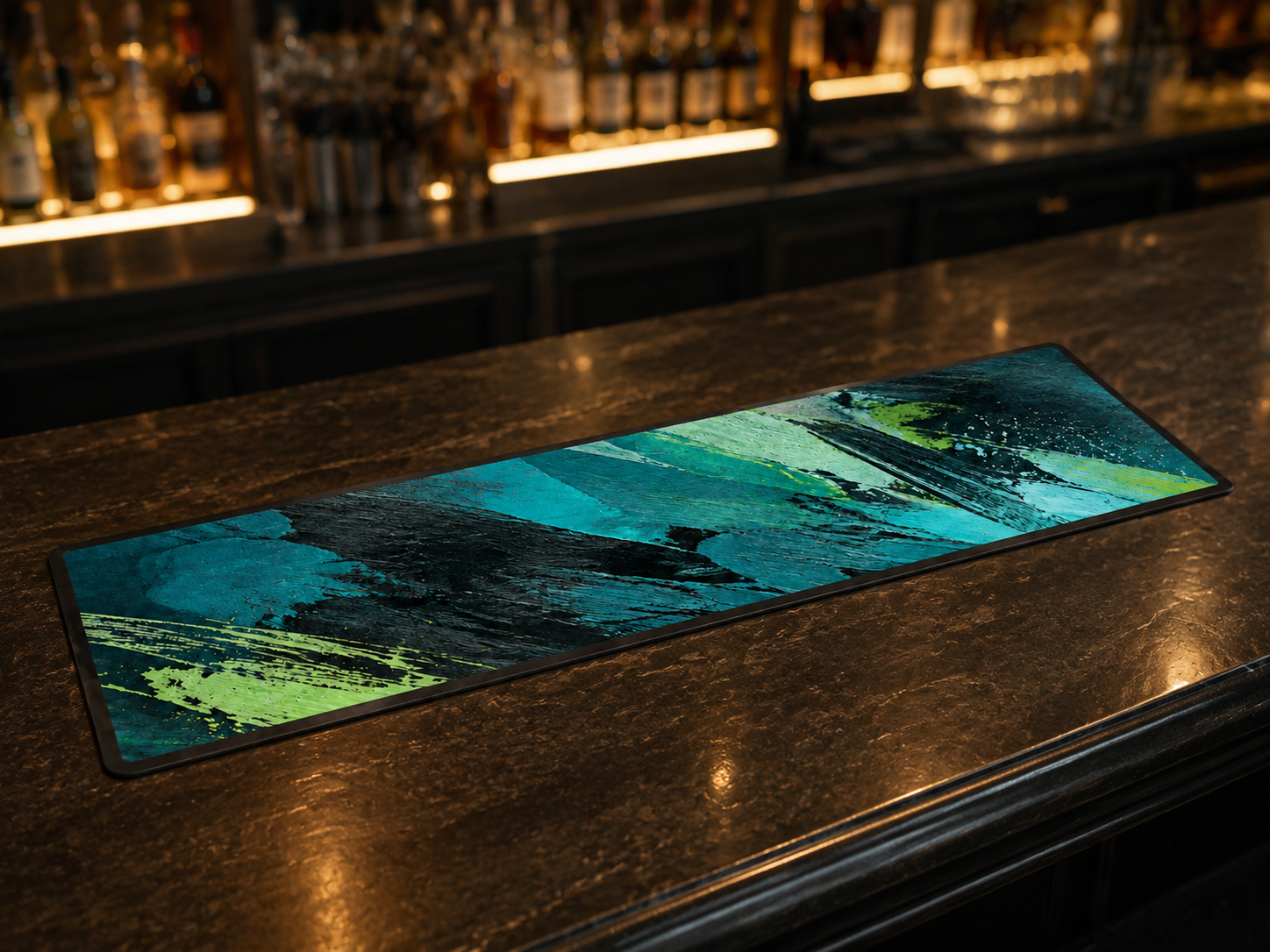 Custom bar mat showing its slim rubber construction