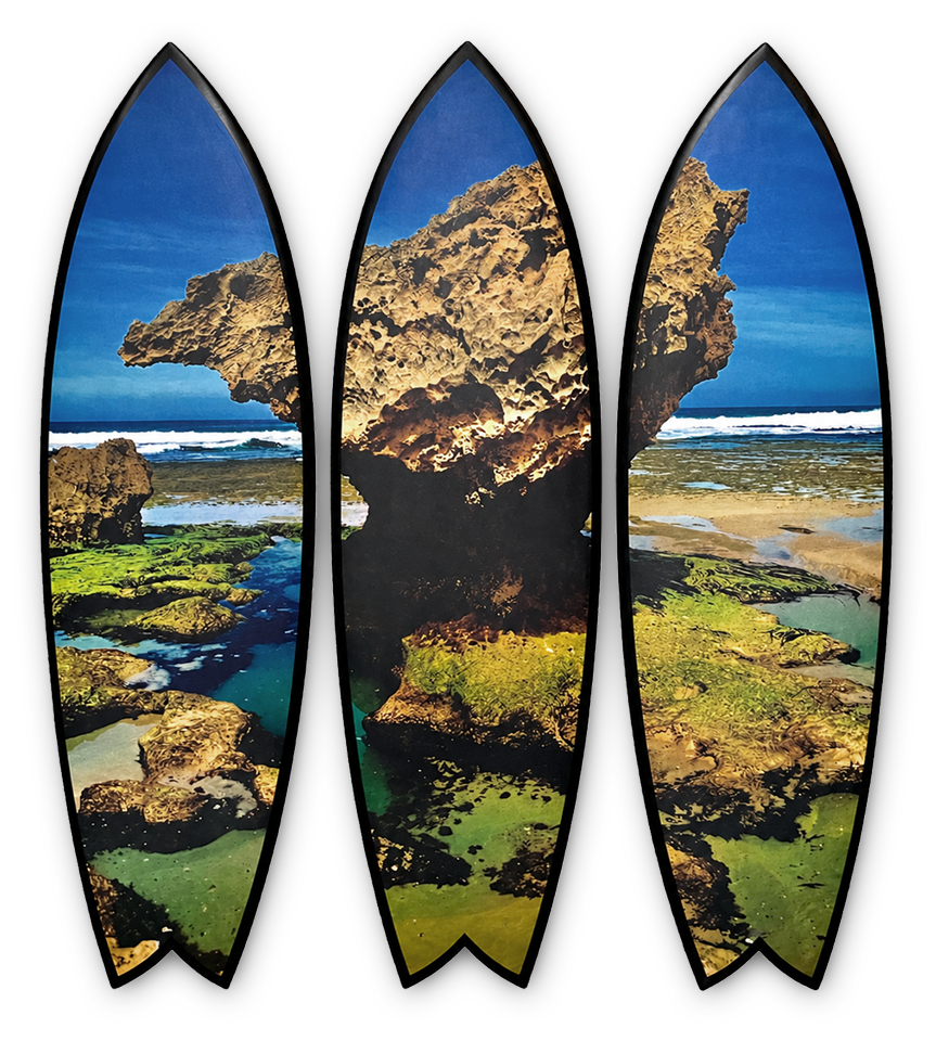 Three surfboards with coastal photography, shown on a clean white background